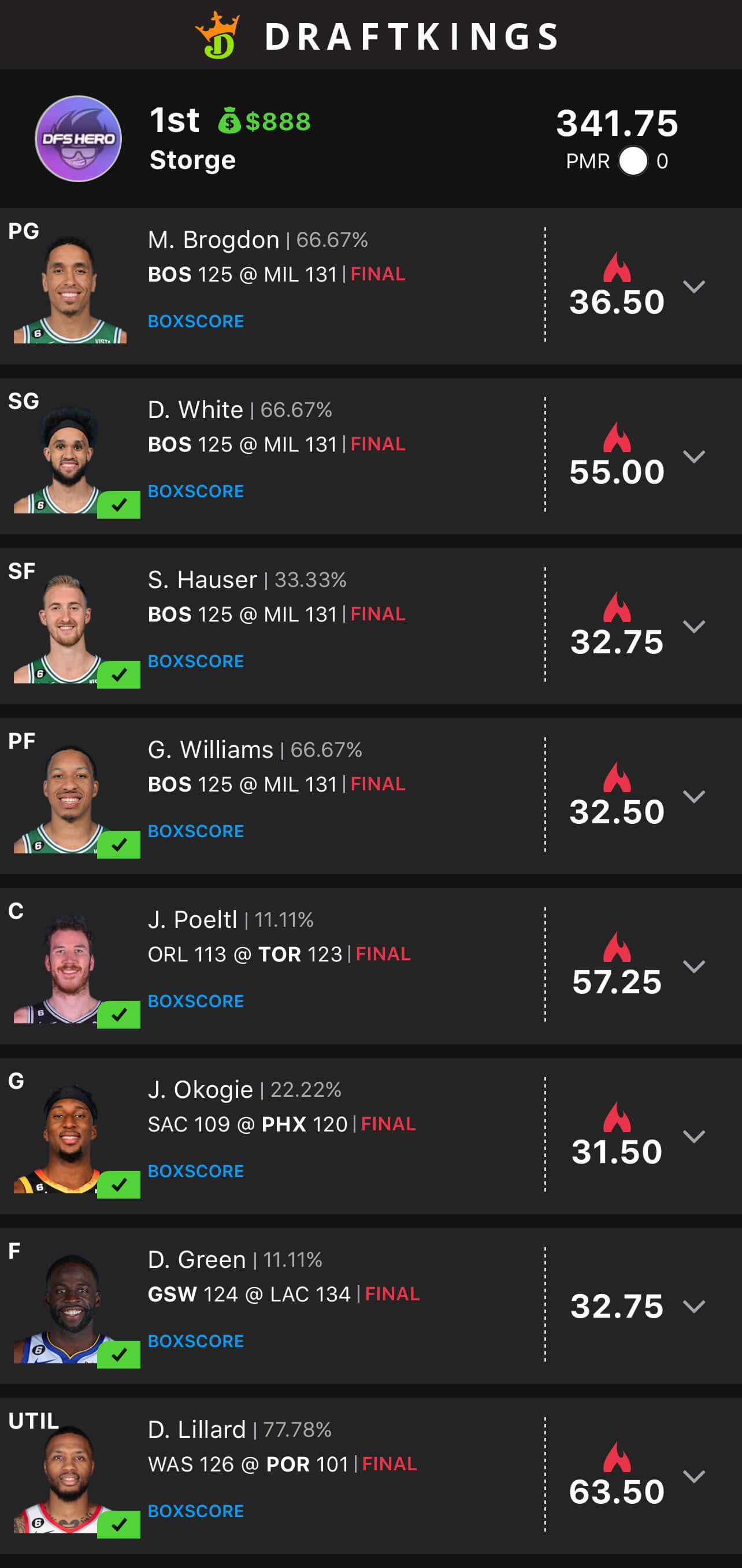User DFS contest results showing tournament winnings