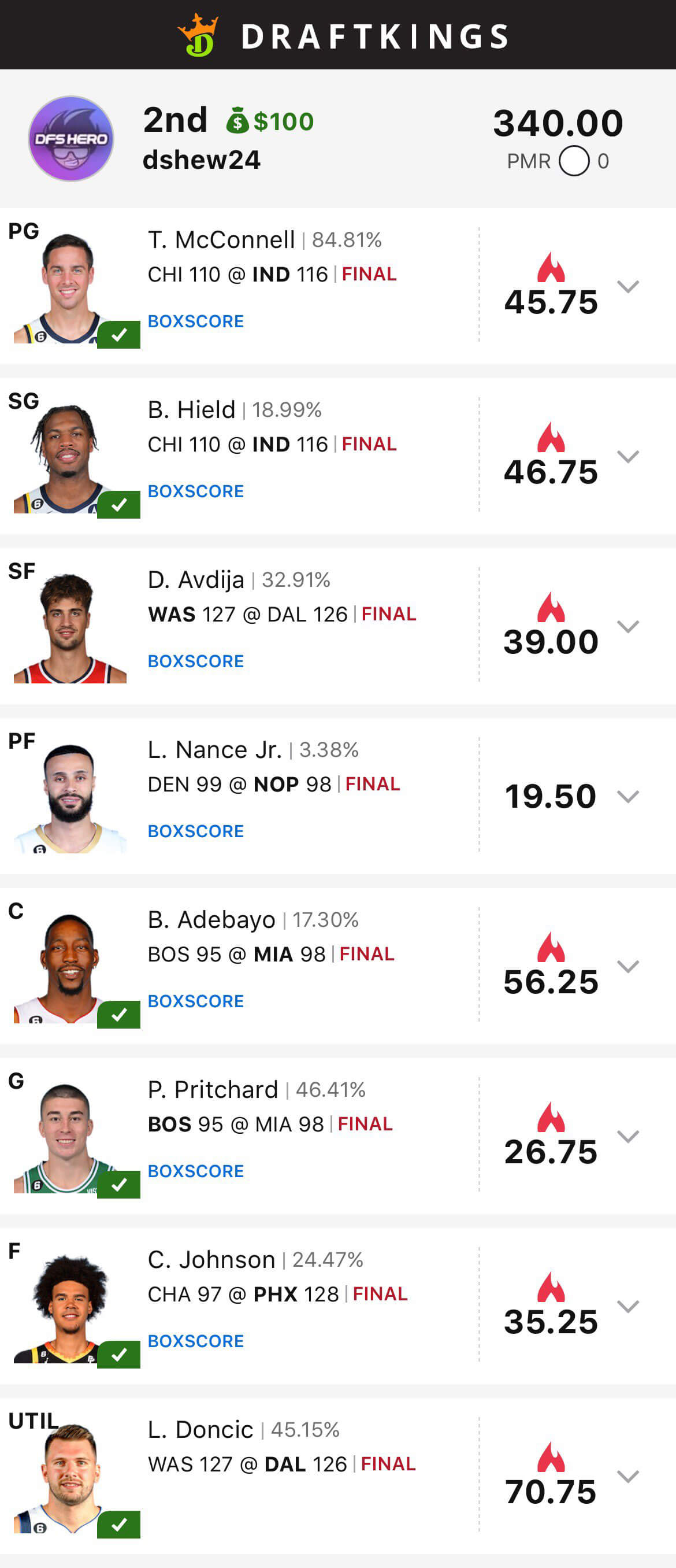 DraftKings tournament win screenshot from DFS Hero user