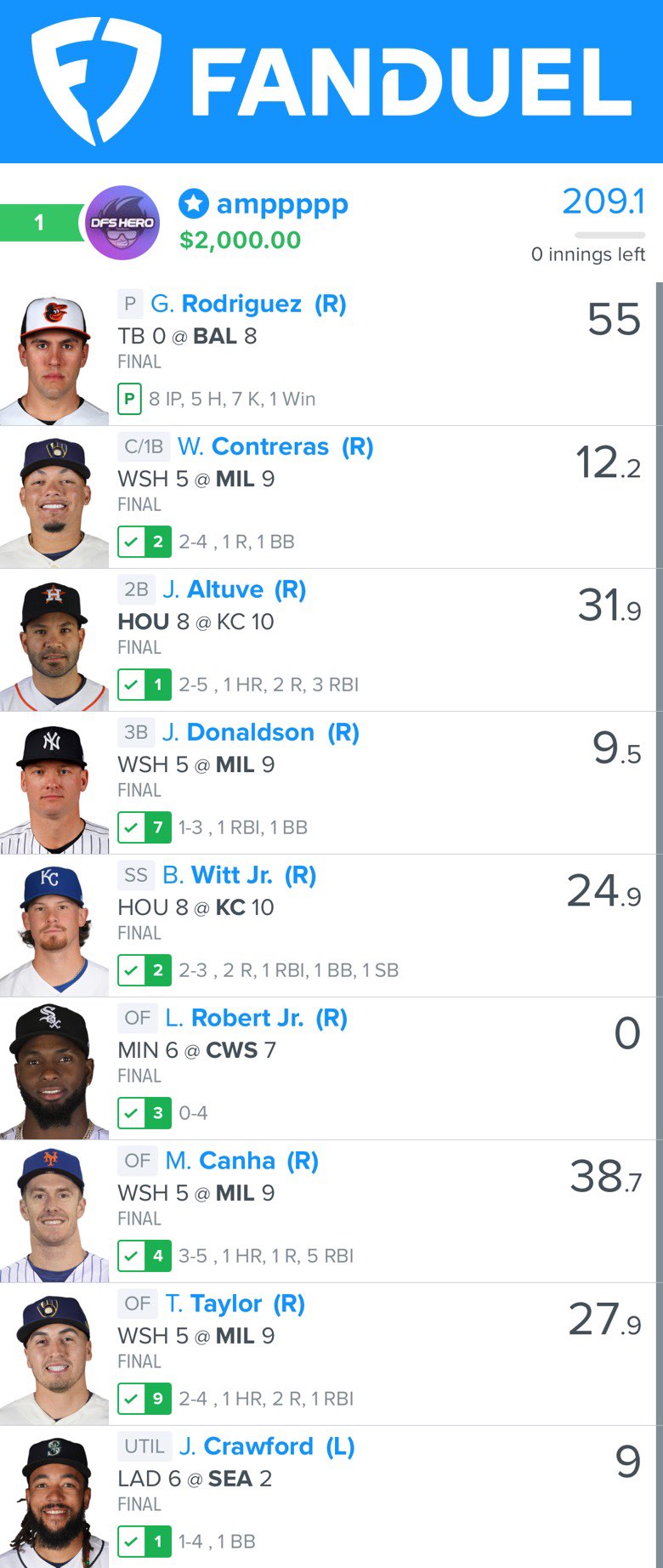 DFS Hero member prize winnings from daily fantasy contest